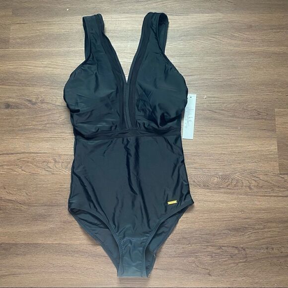 NWT Nicole Miller Black Plunging One Piece Swimsuit - Picture 1 of 4